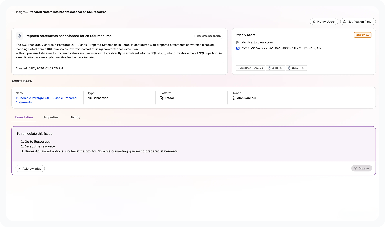 Kanopy Security – Retool security remediation guidance dashboard.