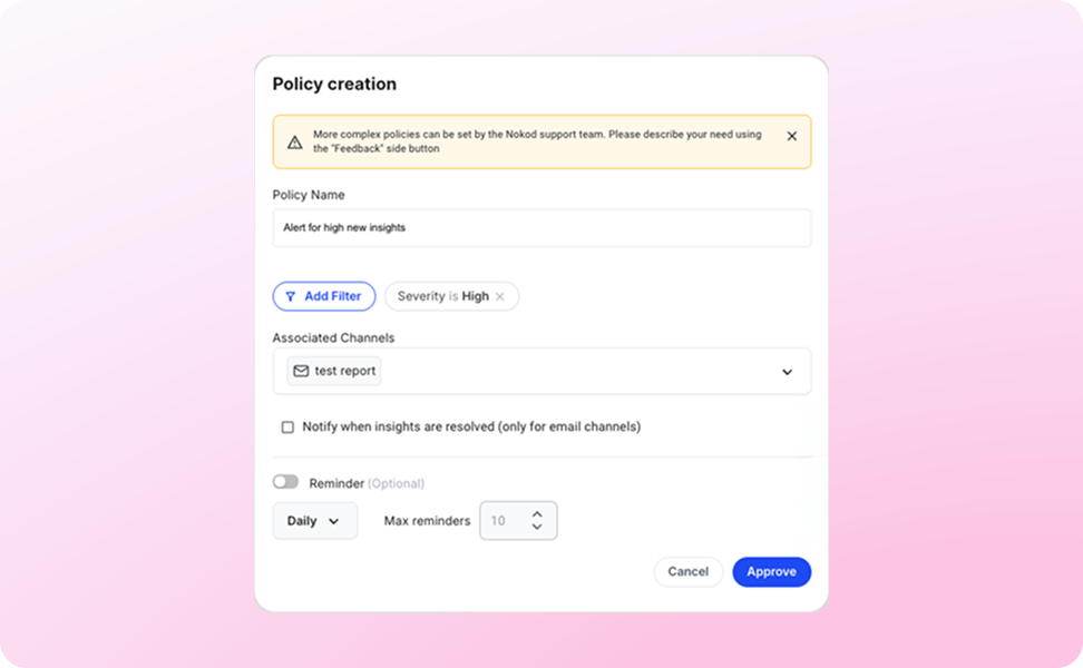 Kanopy alerting workflow configuration UI for security teams managing DLP policies