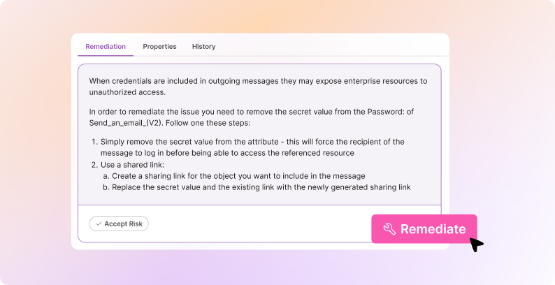 Kanopy guided remediation UI showing tailored instructions for automation security issues